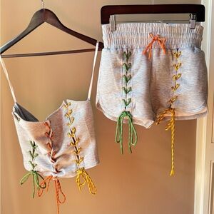 Gray Lace-Up Top and Shorts Set